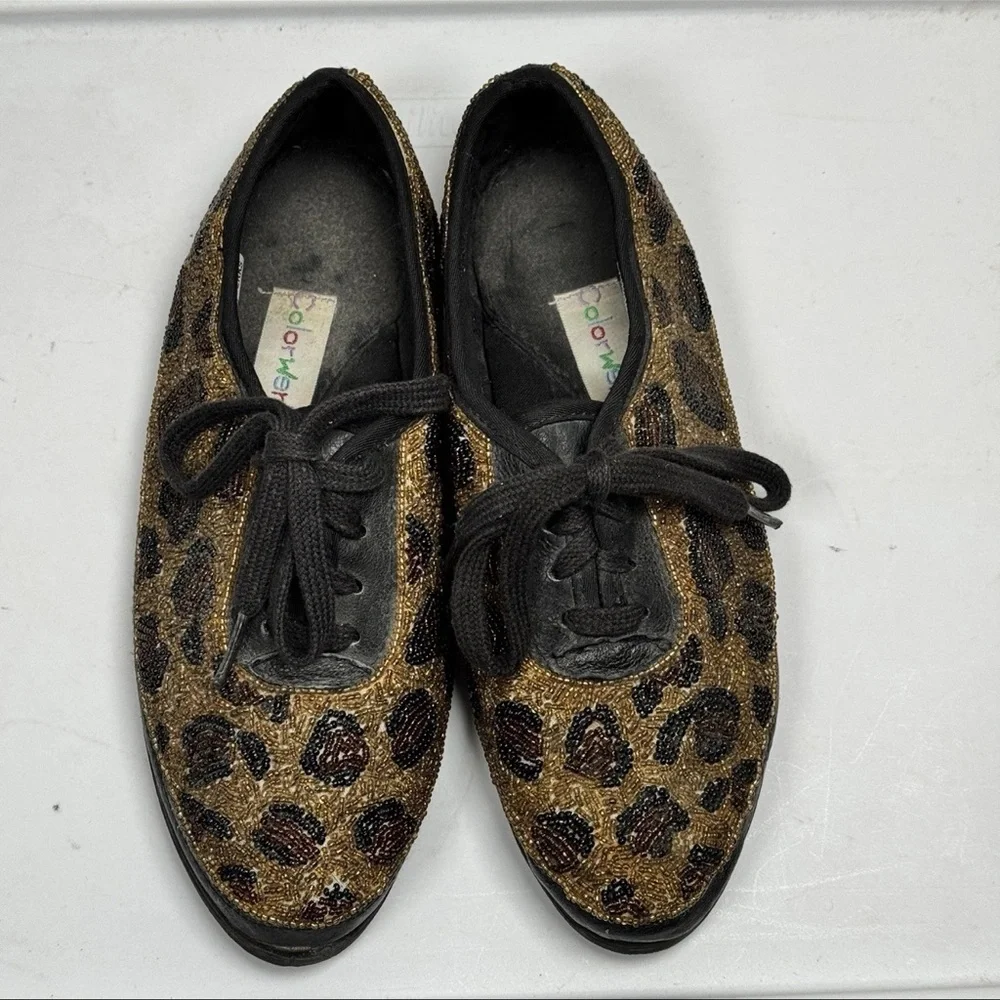 VTG 90s Retro 1996 Beaded Leopard Cheetah Print Shoes Sporty Hipster Sneakers 7M